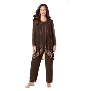 Roaman's Brown Embellished Beaded Sequin Duster Kimono 28 NEW Holiday Flowy